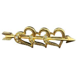 Gold Tone Avon Triple Heart Arrow Brooch With Rhinestone Accents Vintage Jewelry